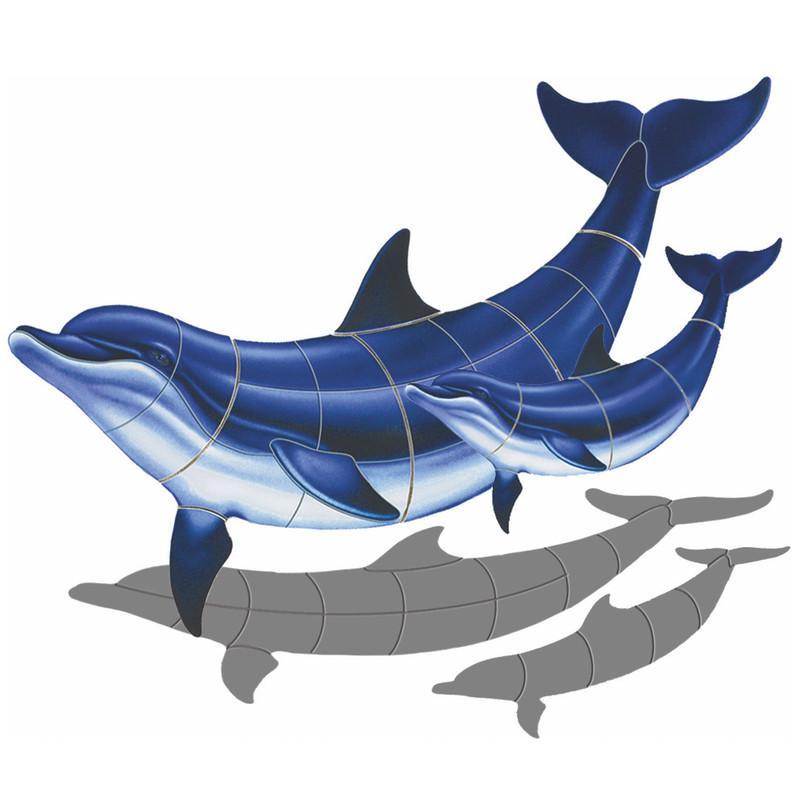 Double Bottlenose Dolphin-B with Baby (with shadow) Porcelain Mosaic